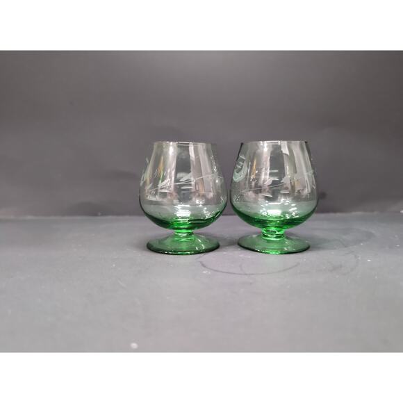 Green Etched Brandy Snifters, Cordial Glass, Shot Glass Set of 2, Floral Rose - Picture 2 of 9